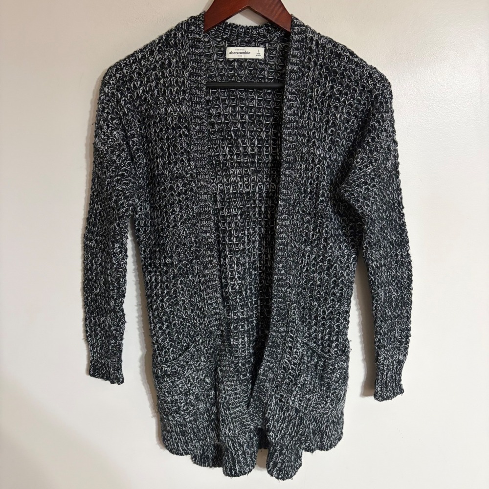 Abercrombie Kids Black White Marled Open Front Cardigan Sweater Pockets Small